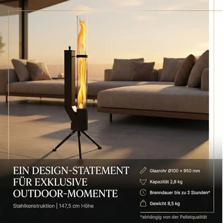 Albatros International Gartenkamin Pelletfackel Schwarz mit Glasrohr, Rocket Stove Outdoor, inkl. Standfuß, lange Brenndauer bis 120 Minuten – Bild 2