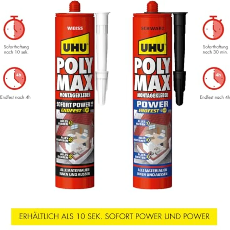 UHU Poly Max Montagekleber Power, universeller Dichtkleber in Grau, 425 g Kartusche, wasserfest und witterungsbeständig – Bild 8