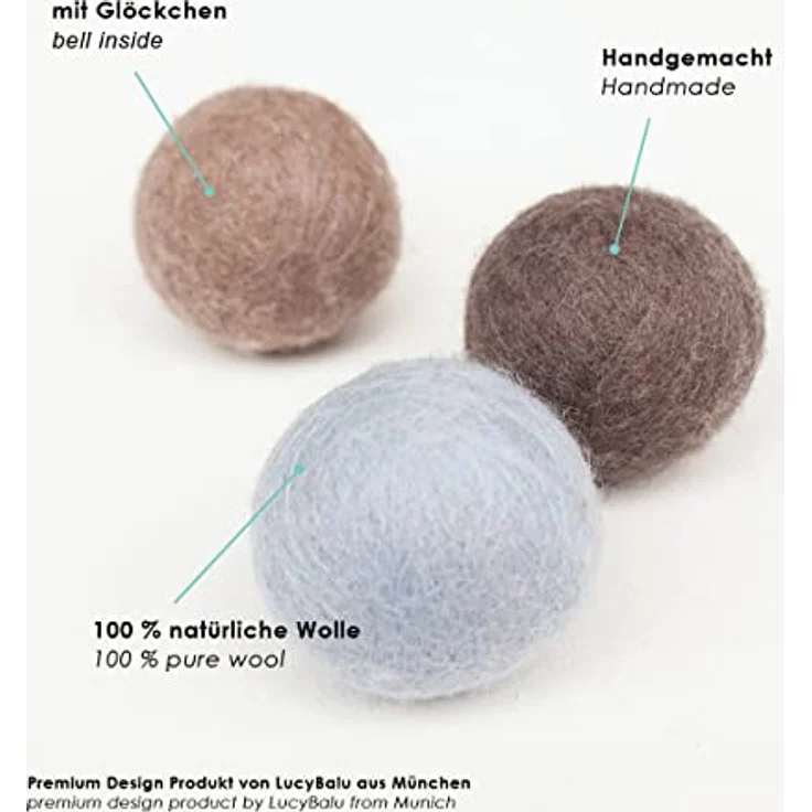 LucyBalu® Filzbälle mit Glöckchen für Katzen | Katzenspielzeug | Katzenbälle aus Filz | Katzen Spielsachen aus Wolle | Natürliches Spielzeug für Katzen | Spielbälle für Katzen mit Glocke | 3 Stück – Bild 2