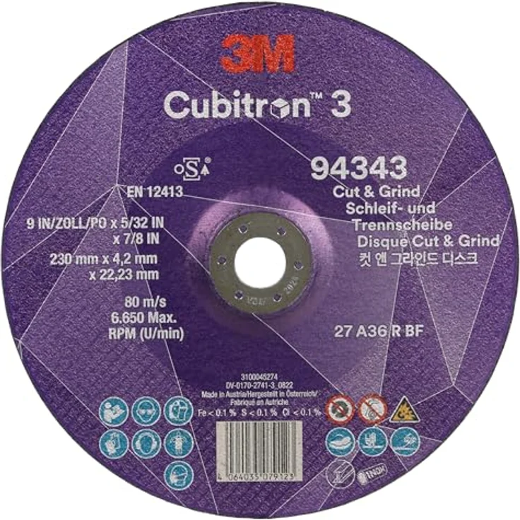 3M Cubitron 3 Cut and Grind Schruppscheibe, 94343, 36+, T27, 230 mm x 4,2 mm x 22,23 mm, EN, 10/Pack, 20 Stück/VE – Bild 1