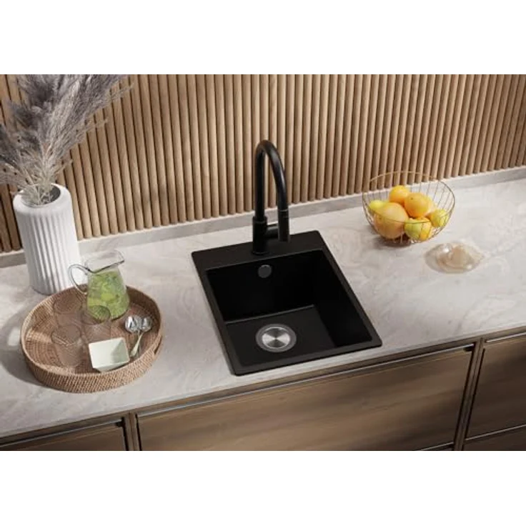 Primagran Spülbecken Schwarz 38x50cm, Granitspüle 1 Becken + Ablauf-Set, Küchenspüle ab 40er Unterschrank - Riga, Hitzebeständig und schlagresistent – Bild 2