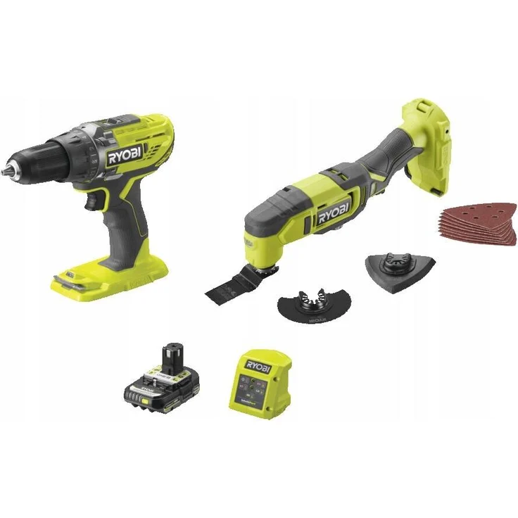 Ryobi R18CK2G-1C20G Akku-Maschinen-Set, 18V ONE+ mit 2Ah Akku, Bohrschrauber und Multifunktionswerkzeug, Schnellladegerät 1,5A