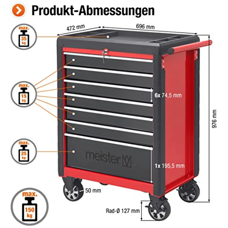 Meister Werkstattwagen M-7, ohne Werkzeug - Stabile Räder mit Feststellbremse - 7 Schubladen mit Einlagen - Abschließbar - Mobiler Werkzeugwagen leer - Profi Rollwagen mit Schloss - 8986400 – Bild 3