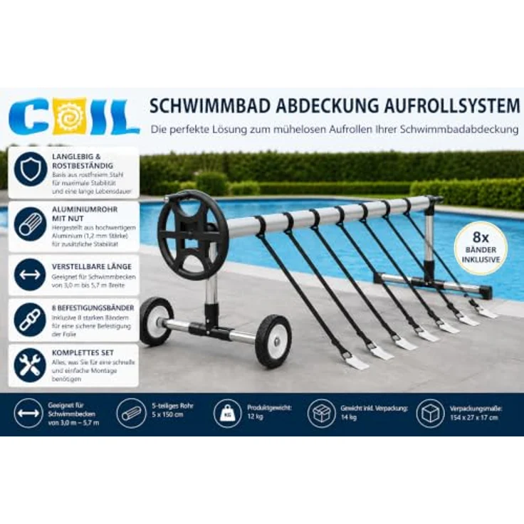 COIL Pool-Abdeckplane, Fahrbares Aufrollsystem für Solarfolie, Edelstahl-Basis & Aluminiumrohr mit 8 Befestigungsbändern – Bild 2