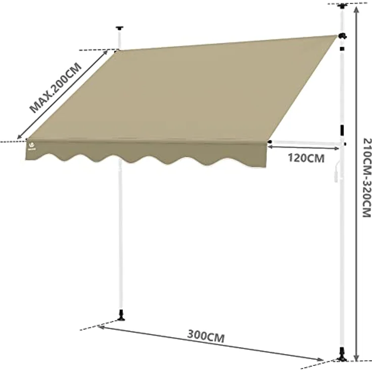 VOUNOT Klemmmarkise Balkon mit Handkurbel, höhenverstellbar Balkonmarkise ohne Bohren, UV-beständig, Wasserdicht & Sonnenschutz, 300 cm breit, Beige – Bild 3