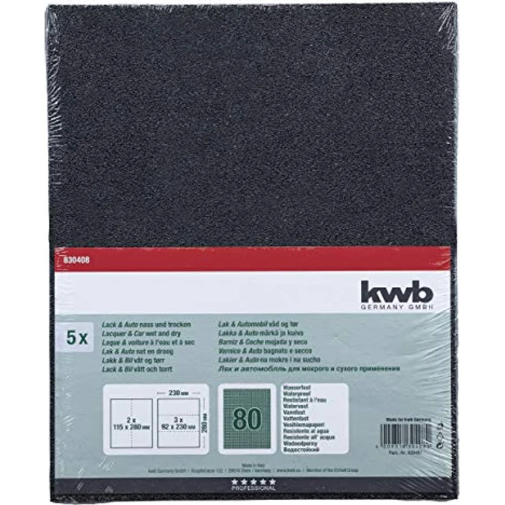 kwb 830408 Schleif-Papier wasser-fest Schleif-Bogen Wasserfest für Glas, Stein, Metall, Karosserie- und Lackier-Arbeiten, 230 x 280 mm, verschweißt 5 Stk. Korn K-80, Made in Europe - Preisvergleich – Bild 2