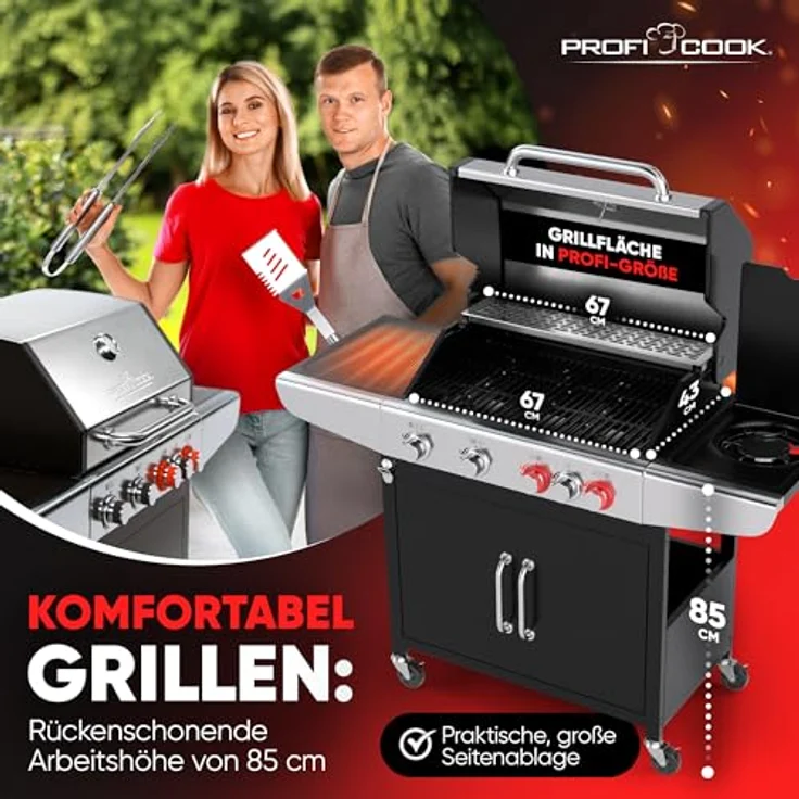 ProfiCook PC GG 1312, Gasgrill mit 4 Brennern, 2 Power-Zonen, Side-Burner, hochwertigen gusseisernen Grillrosten, Temperaturanzeige und Flaschenöffner – Bild 4