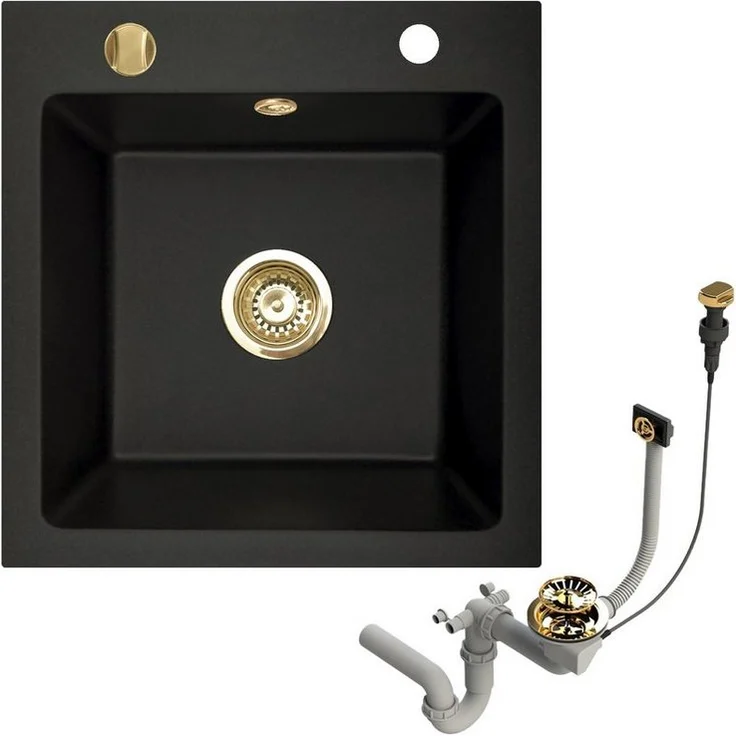 Faizee Möbel Granitspüle eckig 48x50cm, Gold Siphon, Hitzebeständig bis 280°C, Matt Schwarz - Preisvergleich – Bild 1