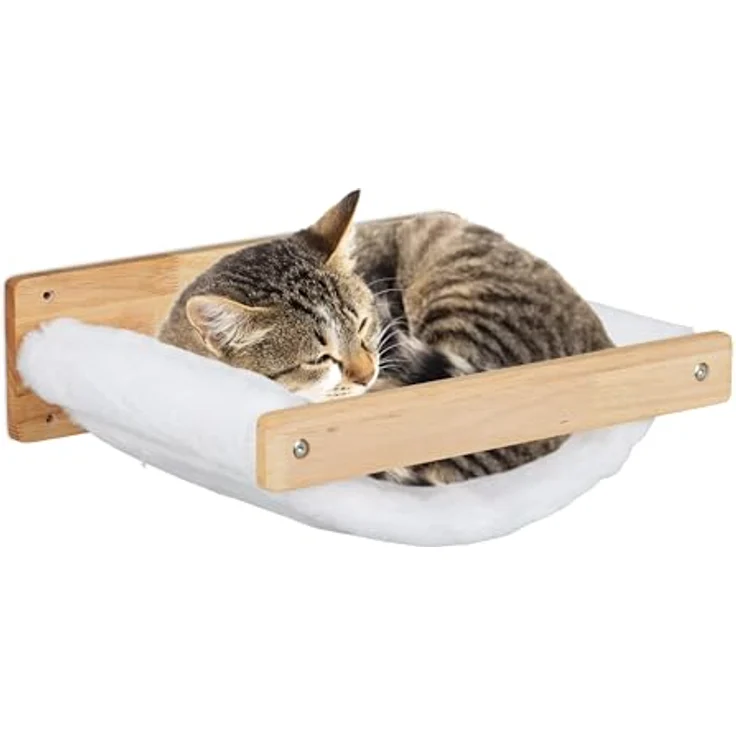 relaxdays Katzen-Hängematte Wand, Polyester, mit weicher Liegefläche aus Teddyplüsch, tragbar bis 10 kg, Weiß/Natur – Bild 1