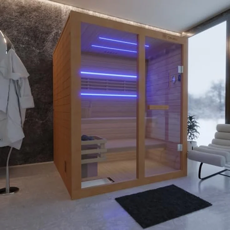 Dewello Sauna TOFINO 160x150 Finnische Sauna, 3 Personen, Saunaofen Harvia 4,5KW, Hemlock-Tannenholz, leichter Aufbau – Bild 3