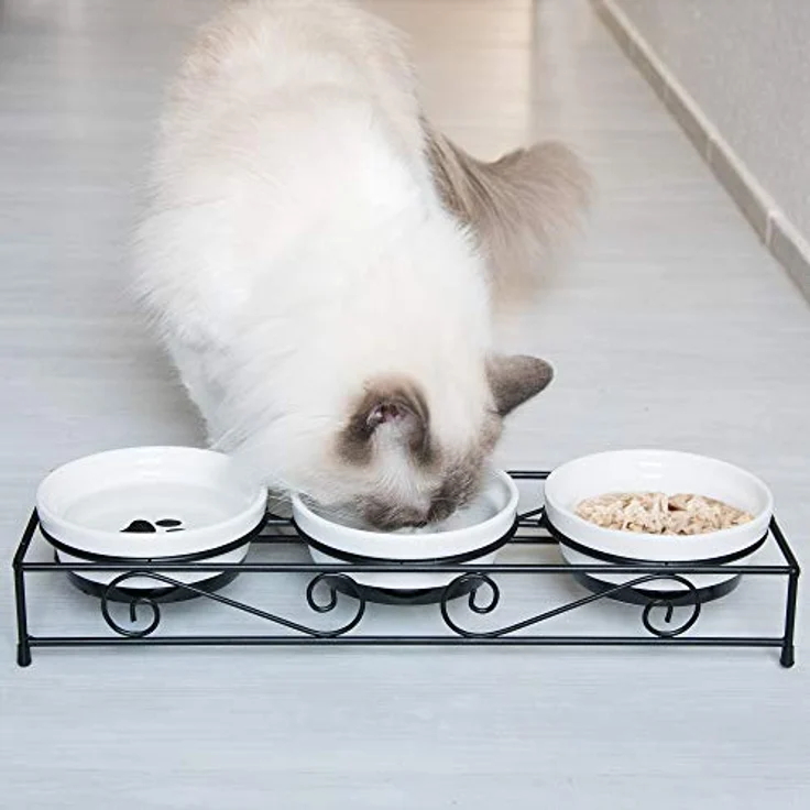 Navaris 3X Futternapf Katze Katzennapf erhöht - Katzen Napfset aus Keramik und Metall - Fressnapf Futterstation - Napf Set - 3 Stück Katzennäpfe – Bild 2