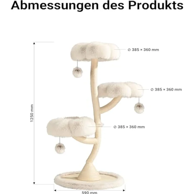 Fudajo Designer Kratzbaum, Ø 59 cm, 125 cm hoch, 3 Etagen mit Sisal und Plüsch, bis 15 kg belastbar, Katzenmöbel mit 3 Mulden – Bild 3