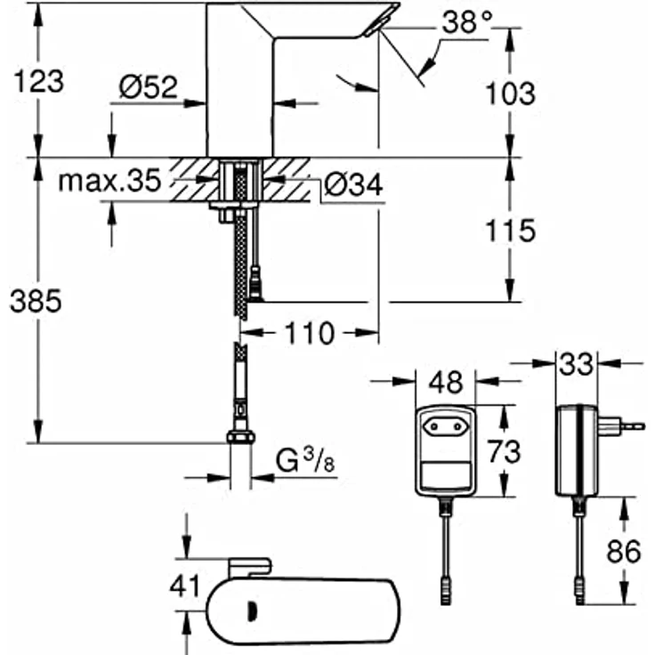 Grohe Bau Cosmopolitan E Infrarot-Waschtisch-Armatur, mit Infrarot-Sensor, GROHE EcoJoy 5, chrom – Bild 4