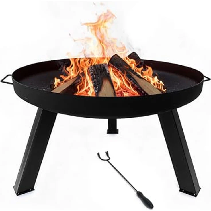 Relaxdays Feuerschale, Ø 59 cm, pulverbeschichteter Stahl, mit Schürhaken, Garten-Feuerstelle in schwarz – Bild 1