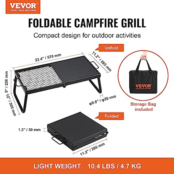VEVOR BBQ Gills Holzkohlegrill Klappgrill Tischgrill 570 x 285 x 230 mm, 6 kg Belastbar Tragbarer Reisegrill Outdoor Campinggrill 300 ℃, Grillgitter + Grillplatte für Gartenpartys, Picknick, Terasse – Bild 2