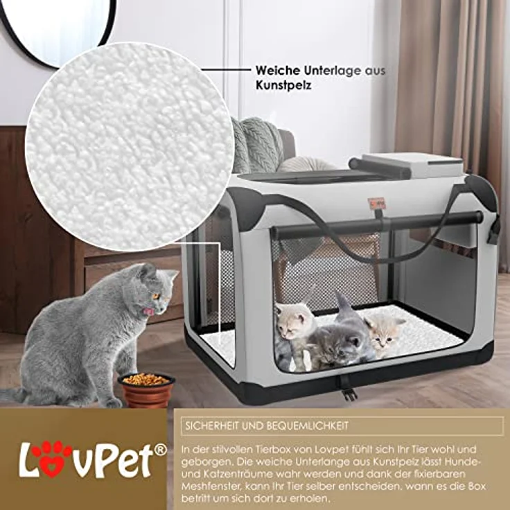 Lovpet® Hundebox Hundetransportbox faltbar Inkl.Hundenapf XL 81,3x58,4x58,4cm Transporttasche Hundetasche Transportbox für Haustiere, Hunde und Katzen Haustiertransportbox Hellgrau – Bild 4