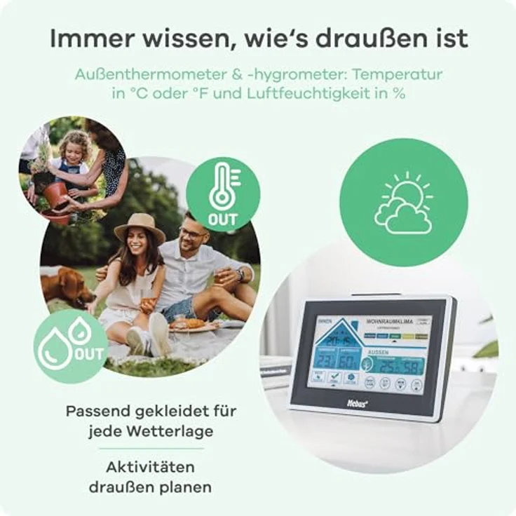 Mebus Wetterstation 01026, funkgesteuerte Wetterstation mit Außensensor, Touch Display, Thermometer/Hygrometer, Wohlfühlindikator, Wecker, Silber-Schwarz – Bild 3