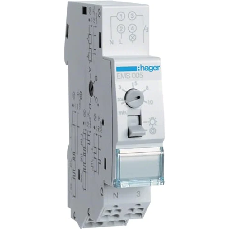 Hager Treppenlichtzeitschalter EMS005, elektronisch mit Zeitschaltfunktion 30 sec - 10 min, nachschaltbar, 1 TE, DIN-Schiene – Bild 1