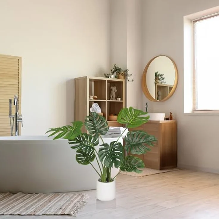 hjh OFFICE Kunstpflanze 90cm Monstera I Künstliche Deko Pflanze im weißen Topf, Tropischer Kunstbaum für Zuhause Büro, 8 Blätter – Bild 3