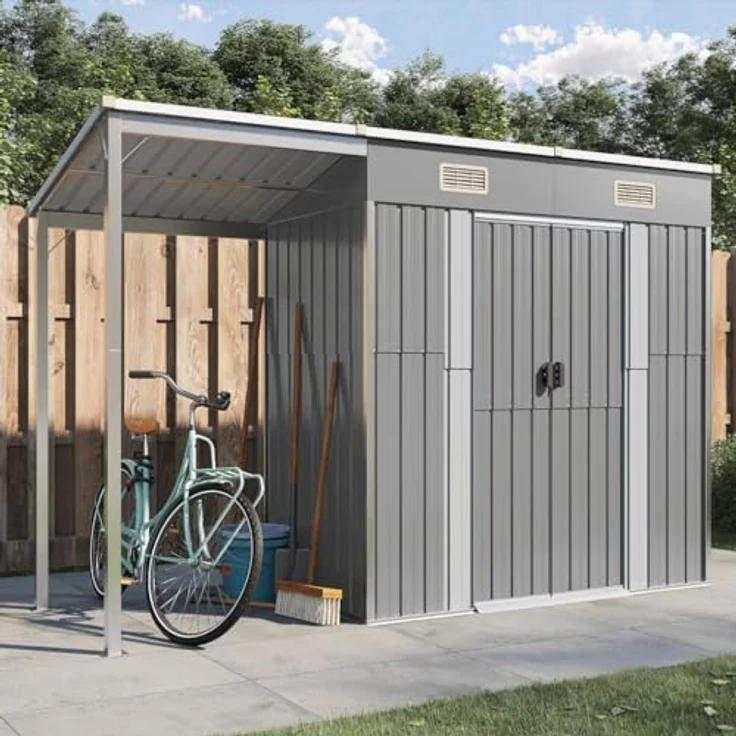 vidaXL Gartenhaus mit Schleppdach Hellgrau 277x110,5x181 cm Stahl – Bild 2