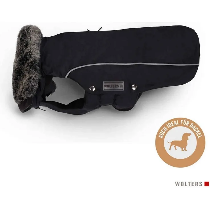 Wolters Hundemantel Winterjacke Amundsen für Dackel schwarz, mit Kunstpelzkragen und reflektierend - 100% PFC-frei