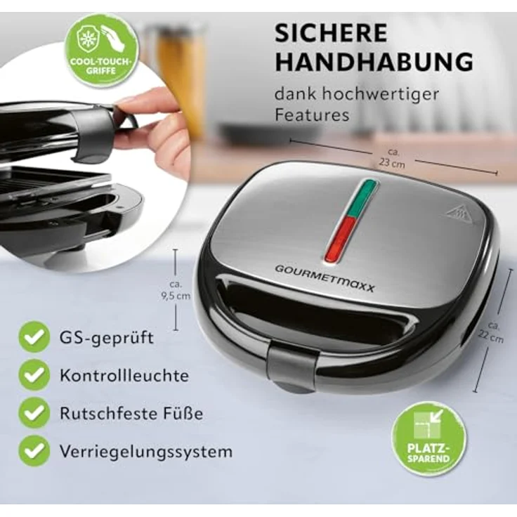 Westfalia Tischgrill Vario 3-in-1, Elektrogrill mit 800 W, Schwarz, 3 austauschbare Platten für Waffeln, Sandwiches und Grillgut – Bild 5