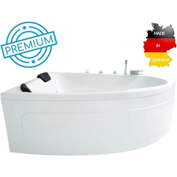 Basera® Whirlpool-Badewanne PREMIUM Indoor Eck-Whirlpool Badewanne Guam Li. 180x130cm für 2 Pers., (Komplett-Set), mit 25 Massagedüsen, Heizung, Ozongenerator, Wasserfall, LED, Touch... in Hochglanz Weiß