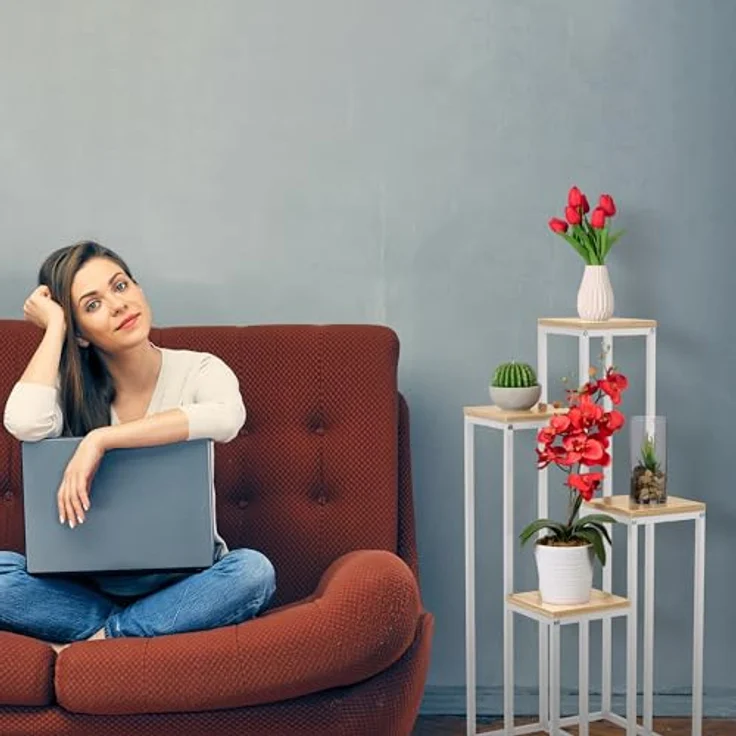 relaxdays Blumenständer Weiße Blumentreppe mit 4 Ablagen, Hellbraun - Stufenförmiges Pflanzenregal aus Stahl und MDF, maximale Traglast 40 kg – Bild 6