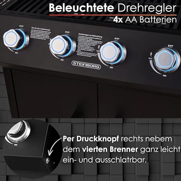Steinborg Gasgrill "Chef de Cuisine" 4 Brenner mit Seitenbrenner, beleuchtete Drehknöpfe, emailliertes Grillrost, Gasbetrieb, Propangasgrill – Bild 3