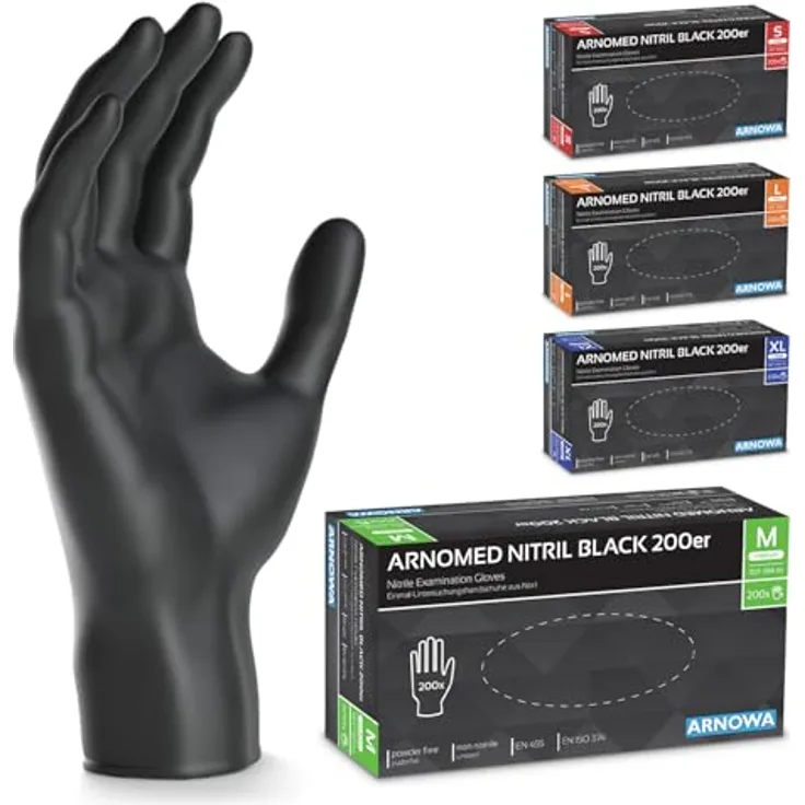 ARNOMED Nitrilhandschuhe Schwarz, 200x Einweghandschuhe M, puderfrei, latexfrei, reißfest, ideal für hygienische Arbeiten