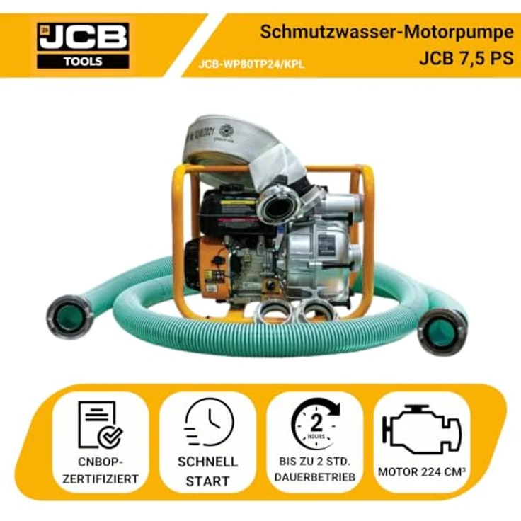 JCB Schmutzwasserpumpe WP80TP24-KPL, 7,5 PS, 224 cm³, 3,6 L Tankvolumen, inkl. 2x Storz 75 mm Kupplungen, gelb-silber-grün – Bild 3
