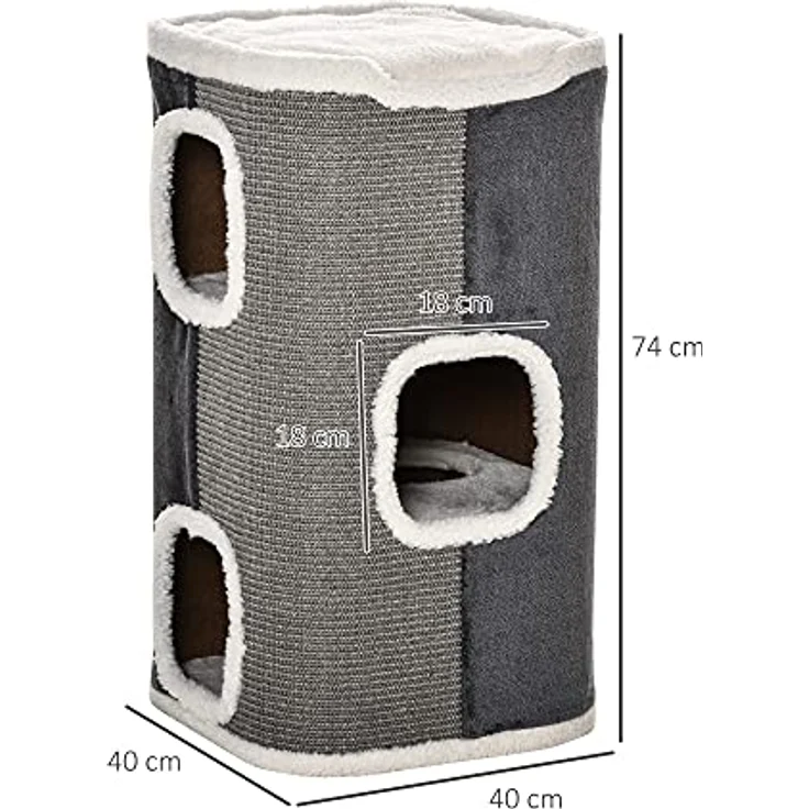 PawHut Kratztonne für Katzen Katzenkratzbaum 3 Ebenen Katzenbaum Kletterbaum für Katzen Katzenmöbel Spanplatte samtartiges Polyester Sisal Grau+Weiß 40 x 40 x 74 cm – Bild 3