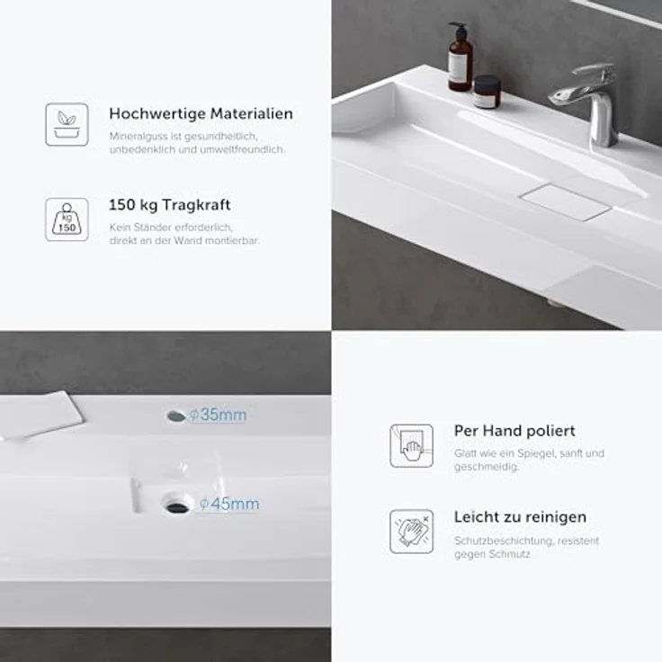 doporro Aufsatzwaschbecken Waschbecken Col19 Gussmarmor Waschtisch inkl. Ablaufgarnitur, mit Hahnlöcher in eleganter Eckform, hochreiner Gussmarmor, einfache Montage - Weiß – Bild 6