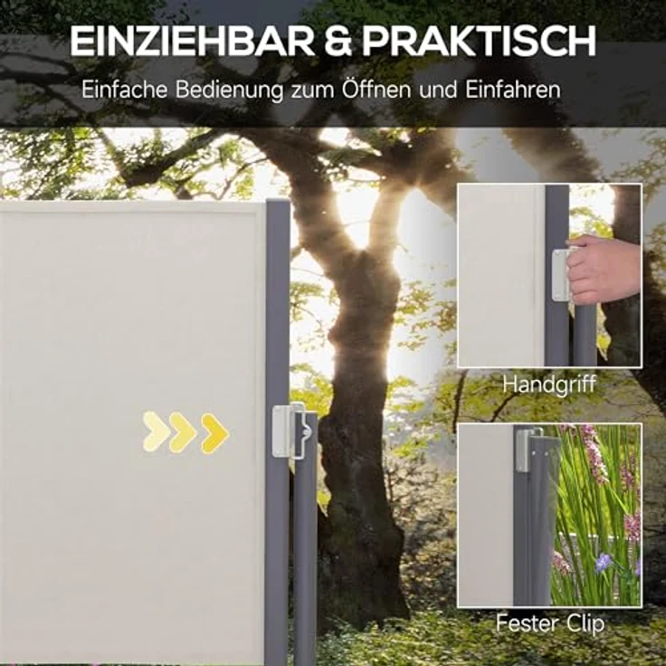 Outsunny Seitenmarkise Ausziehbar, 300 x 100cm Gartenmarkise, Sichtschutzwand mit UV-Schutz, Windschutz, Metall, für Terrasse, Balkon, Polyester, Hellgrau – Bild 4