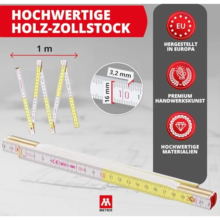M METRIE Metrie™ PERFEKT 5 Zollstock, 1m Gliedermaßstab in Weiß/Gelb mit Duplex Teilung, 20 Stück, robuste Stahlgelenke mit Messing-Finish, Hergestellt in der EU – Bild 2