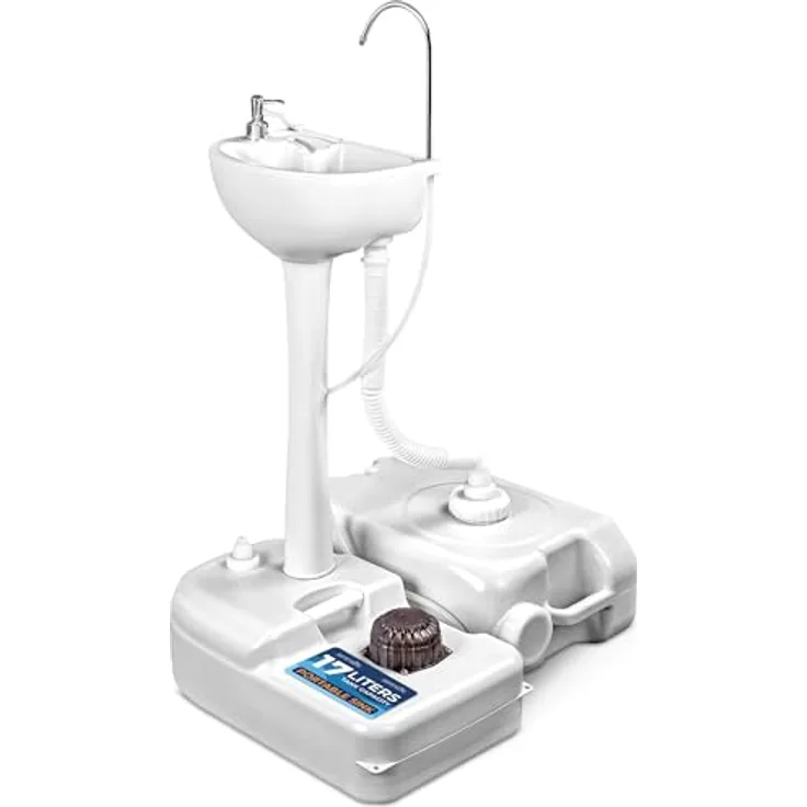 SereneLife Mobiles Camping Waschbecken - Tragbar mit 17L Wassertank & 24L Abwassertank, Fußpumpe, Handtuchhalter, Edelstahl-Wasserhahn, 3L Seifenspender, Räder - für Garten - Hochdichtes Polyethylen