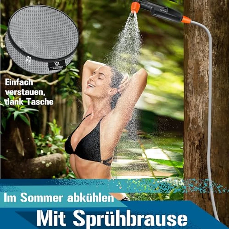 KESSER Campingdusche mit Akku Tauchpumpe Handbrause 2x 2200mAh-Lithium-Akku, USB-Ladekabel , für Camping Garten - Auto - Outdoor , Hundedusche , Autoreinigung , Inkl. Tragetasche, 12V Pumpe Schwarz - Orange - Preisvergleich – Bild 5