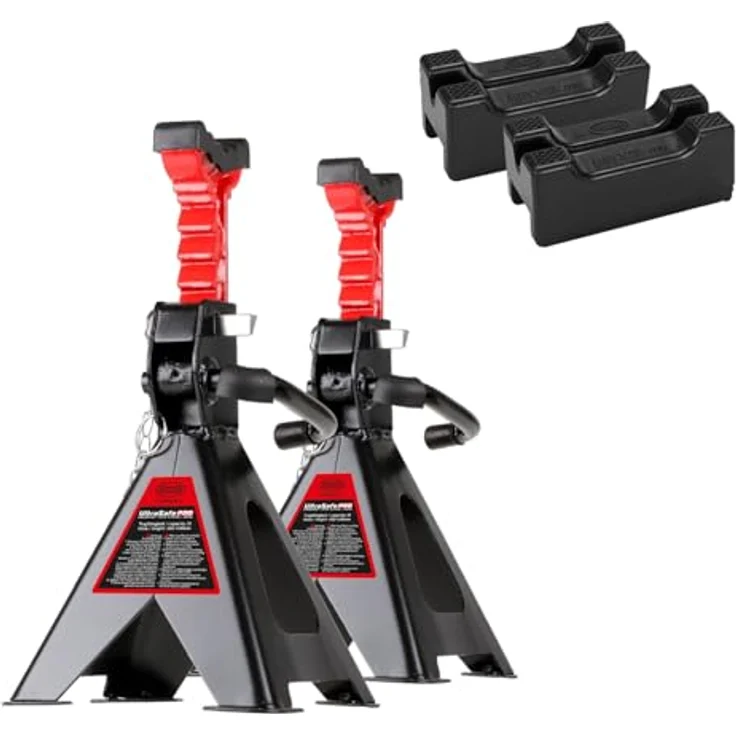 HEYNER® UltraSafe PRO Unterstellbock 2er Set, 3t Traglast, 10-fach höhenverstellbar, Hubhöhe 300-444 mm, mit Gummiauflage, schwarz-rot – Bild 1