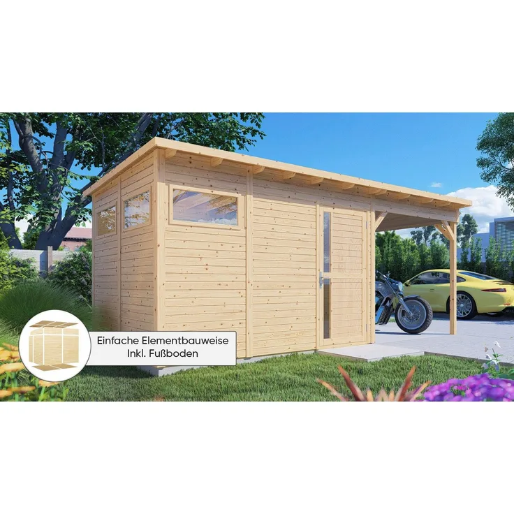 KONIFERA Gartenhaus Pentus 3, BxT: 579x265 cm, (Set), Inklusive Fußboden, Elementbauweise, Pultdach, Fichte-Holz, naturbelassen
