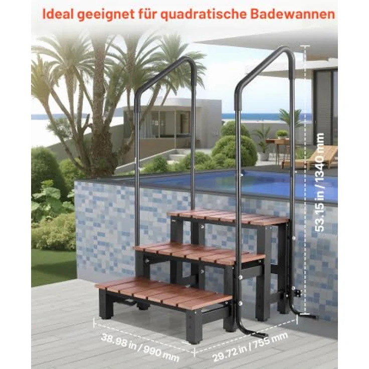 VEVOR Badewannenstufe Pooltreppe 3-stufige Außentreppe, 640 mm breit, 249 kg Tragkraft in Braun & Schwarz, rutschfeste Trittflächen, vielseitig für Pools und Terrassen – Bild 5