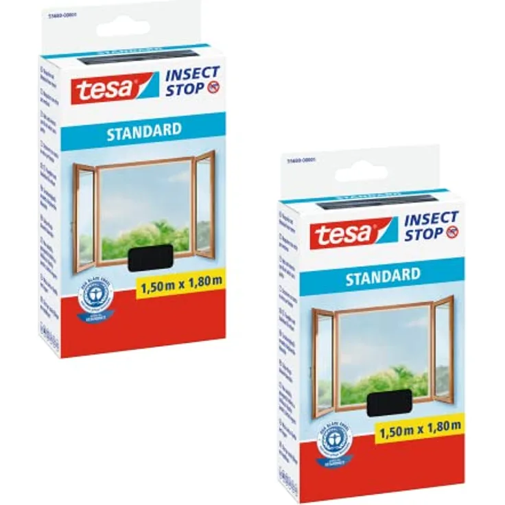 tesa Insect Stop STANDARD Fliegengitter für Fenster im 2er Pack - Insektenschutz zuschneidbar - Mückenschutz ohne Bohren - Fliegen Netz anthrazit, 2x 150 cm x 180 cm - Preisvergleich