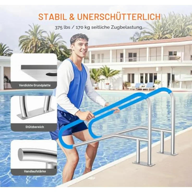 VEVOR Pool Handlauf, 2 Stück, 1395 x 810 x 100 mm, Edelstahl mit Grundplatte für Innen-/Außenpools, rostfreier Haltegriff, silberweiß – Bild 3