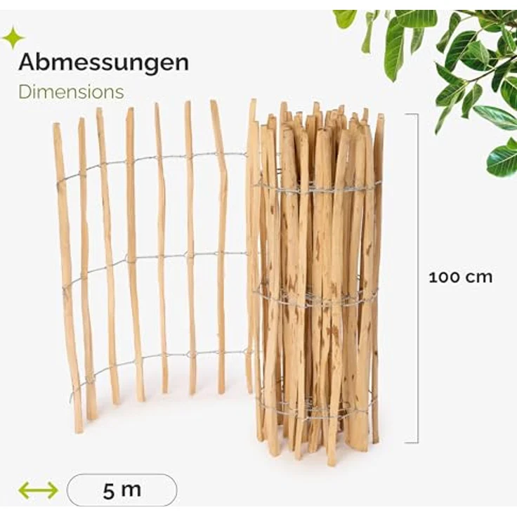 Garronda Gartenzaun GD-0079, Holz Staketenzaun 100 cm x 5m, Haselnussholz, Lattenabstand 7-8 cm, ideal zur Beeteinfassung – Bild 2