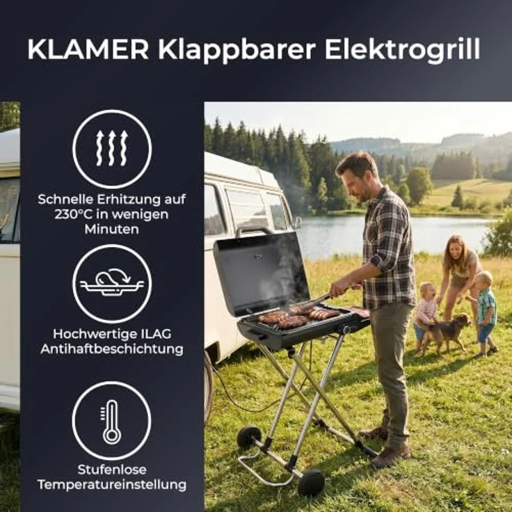 KLAMER Elektrogrill Klappbar, Mobiler Grill für Balkon & Draußen mit Deckelthermometer und Rollen – Bild 2