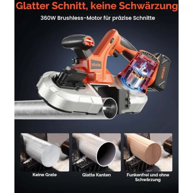 VEVOR 20 V Akku Bandsäge, 65 mm Schnitttiefe, bürstenloser Motor, 4000 mAh Akku, variable Drehzahl 0–192 m/min, ideal zum Schneiden von Metall und Holz – Bild 3