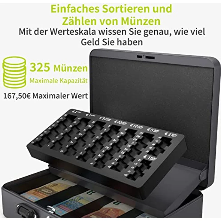ACROPAQ Geldkassette - Abschließbar, Mit Münzzählbrett, 30 x 24,5 x 9 cm, Mit 2 Schlüsseln, Premium Gehäuse - Geldkasse, Haushaltskasse - Grau, Premium Groß – Bild 2