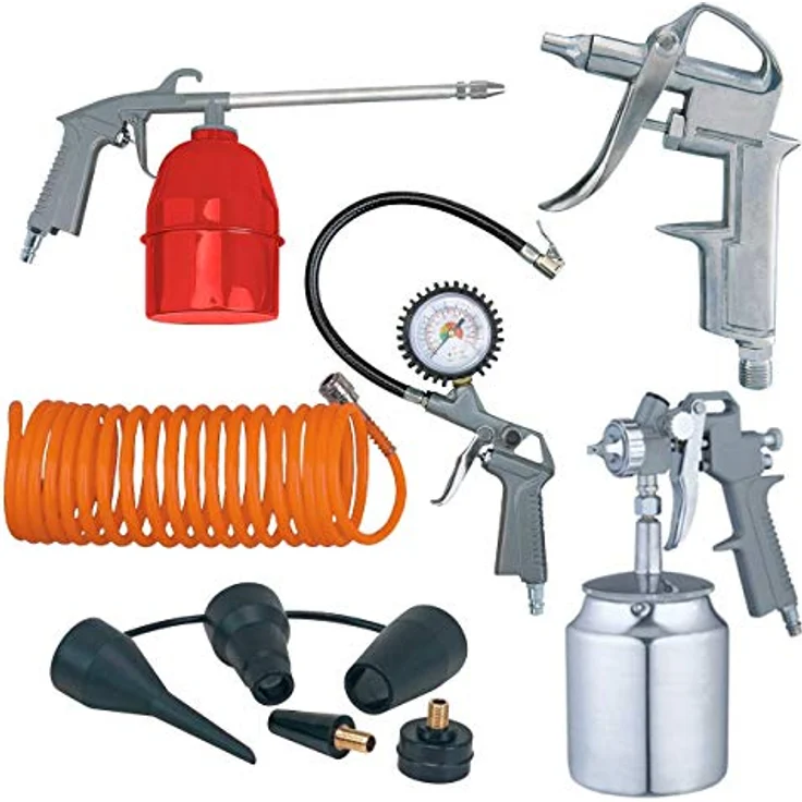 WALTER WERKZEUGE Druckluft Kompressor Zubehör-Set, 6-tlg, für handelsübliche Kompressoren, Farbsprühpistole, Sprühpistole, Reifenfüller mit Manometer, 5 m Druckluft – Bild 2