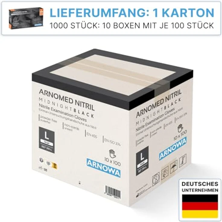 ARNOMED Einweghandschuhe Schwarz, Nitrilhandschuhe L, puderfrei, 1000 Stück (10x100), lebensmittelecht, hautfreundlich, reißfest – Bild 2