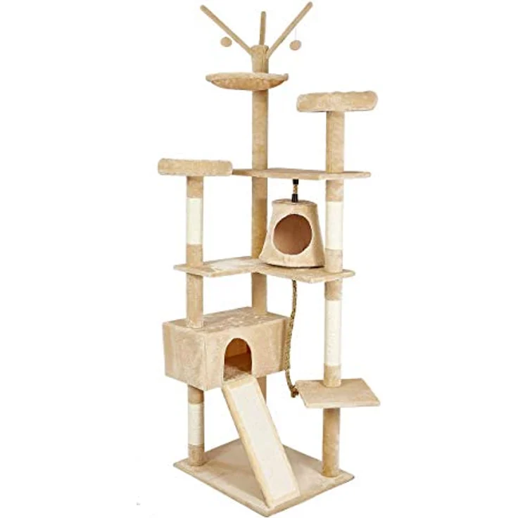 Meerveil Kratzbaum für Große Katzen XXL, 210 cm Stabiler Kratzbaum, mit Verbreiterter und Verdickter Bodenplatte, Hochwertiger Sisal und 2 Häuschen, Beige – Bild 1