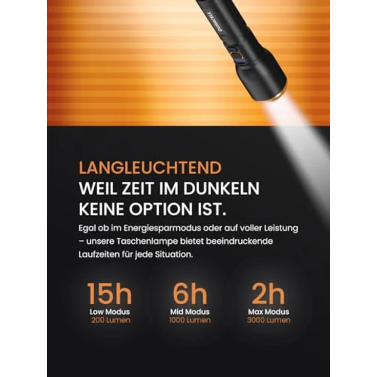 Duracell DF3000R Pro LED Taschenlampe – 3000 Lumen, fokussierbar, 160m Leuchtweite, USB-C wiederaufladbar, 21700 Li-Ion Akku, spritzwassergeschützt, inklusive Geschenkbox – Bild 4